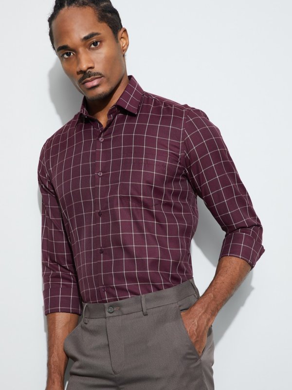Red Checked Slim Fit Formal Shirt