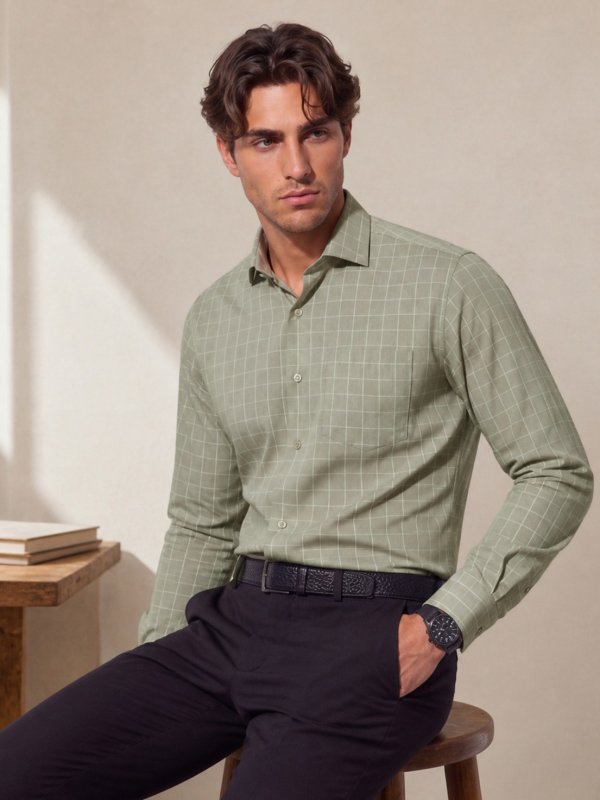 Green Checked Regular Fit Formal Shirt
