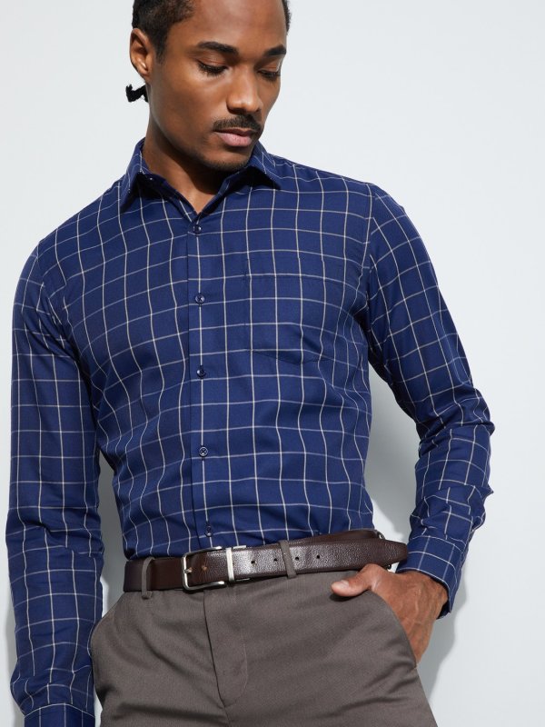 Blue Checked Slim Fit Formal Shirt