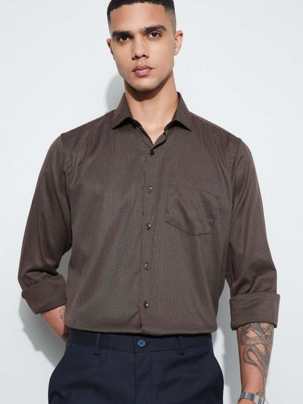 Brown Textured Regular Fit Formal Shirt
