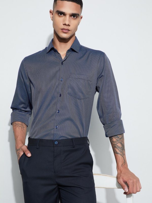 Blue Textured Regular Fit Formal Shirt