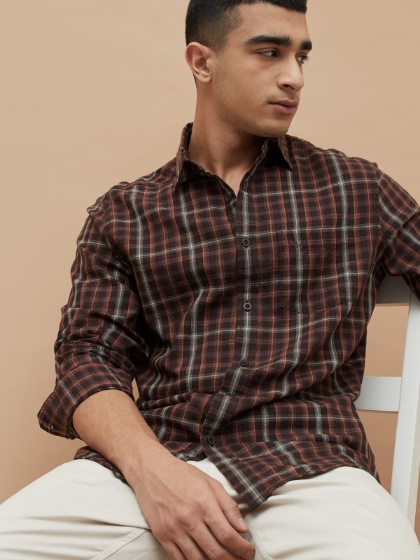 Brown Checked Regular Fit Shirt