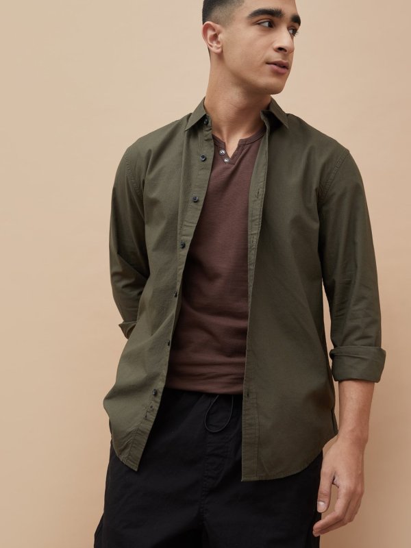 Olive Textured Regular Fit Shirt