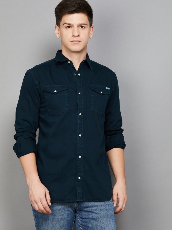Navy Blue Solid Regular Fit Shirt