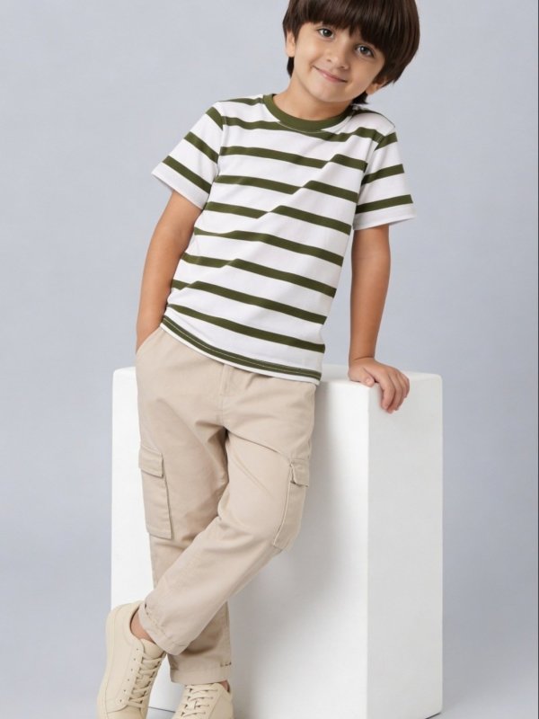 Olive Striped Casual Half Sleeves Round Neck Regular Fit T-Shirts