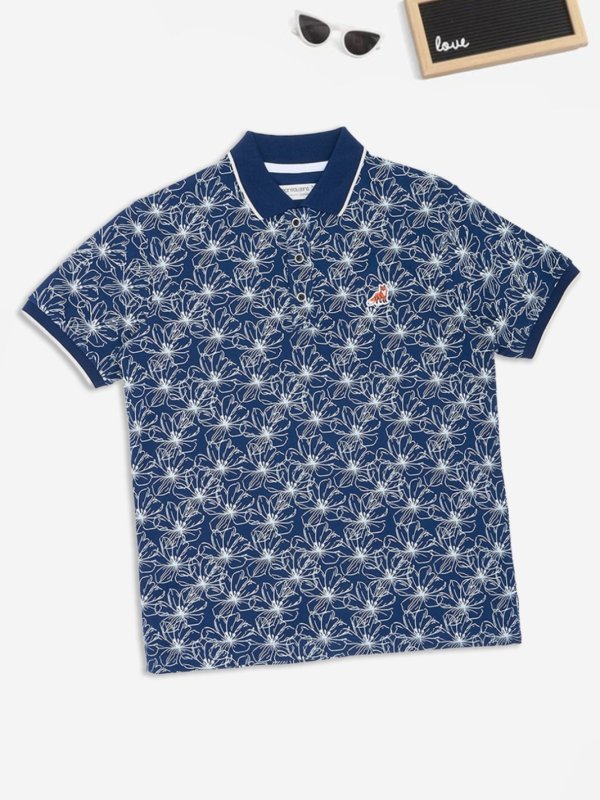 Navy Floral Print Polo T-Shirt