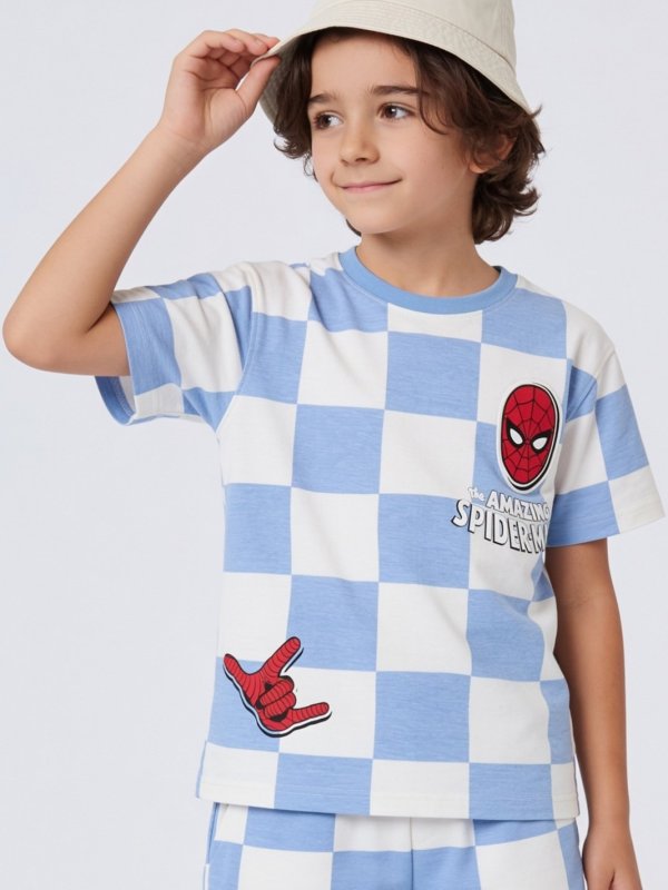 Snow White Oversized Fit Spider-Man Check T-Shirt