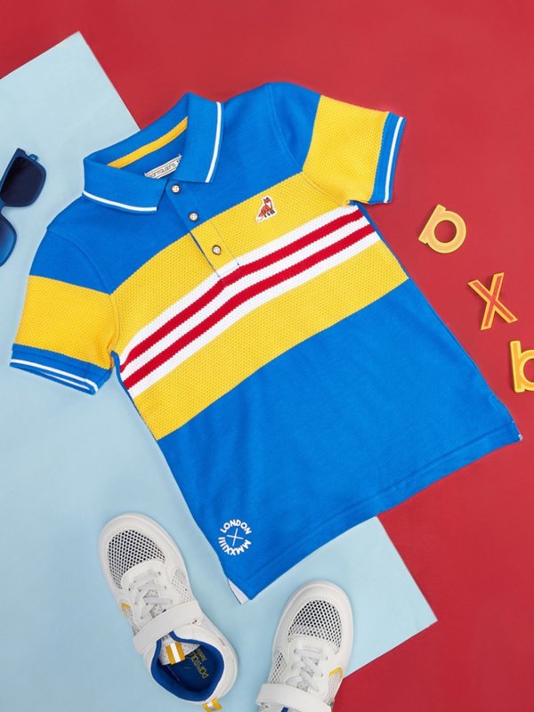 Medium Blue Colourblocked Casual Half Sleeves Polo Collar Boys Regular Fit T-Shirts