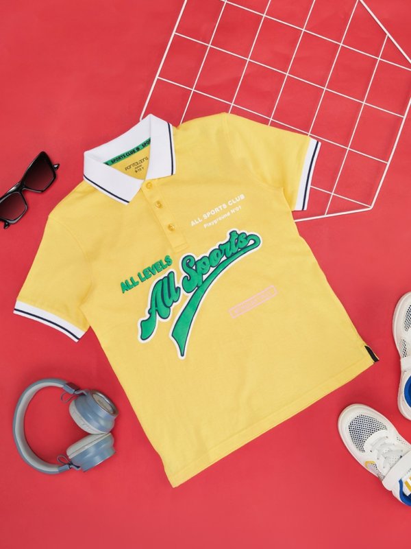 Yellow Printed Casual Half Sleeves Polo Collar Boys Regular Fit T-Shirts