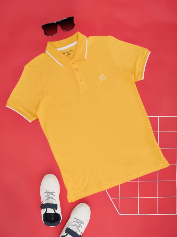 Light Yellow Solid Casual Half Sleeves Polo Collar Boys Regular Fit T-Shirts
