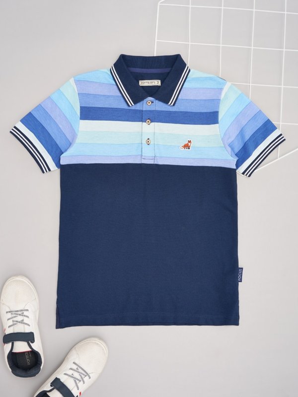 Medium Blue Striped Casual Half Sleeves Polo Collar Boys Regular Fit T-Shirts