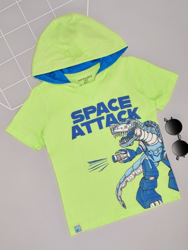 Light Green Printed Casual Half Sleeves Hood Boys Regular Fit T-Shirt