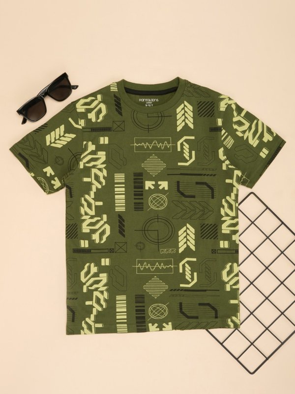 Olive Printed All-Over Casual Half Sleeves Round Neck Boys Regular Fit T-Shirt
