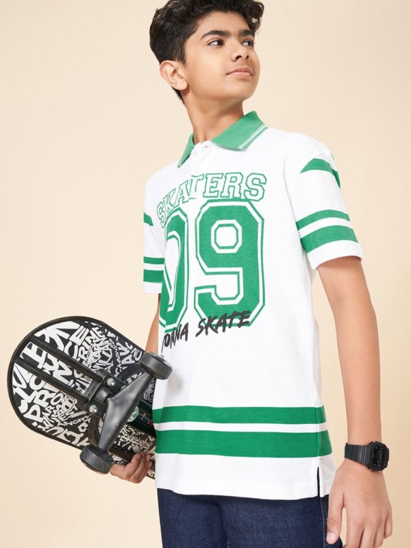 Dark Green Printed Casual Half Sleeves Polo Collar Boys Regular Fit T-Shirts