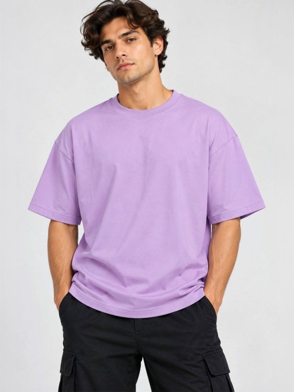 Men Lavender Solid Round Neck Oversized T-shirt