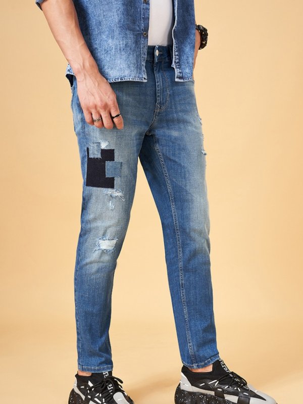 Light Blue Solid Full Length Mid Rise Casual Men Slim Fit Jeans
