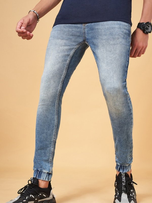 Light Blue Solid Full Length Mid Rise Casual Men Jogger Jeans