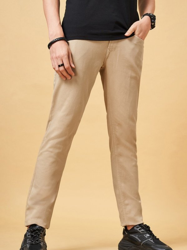 Beige Solid Full Length Casual Men Slim Fit Jeans