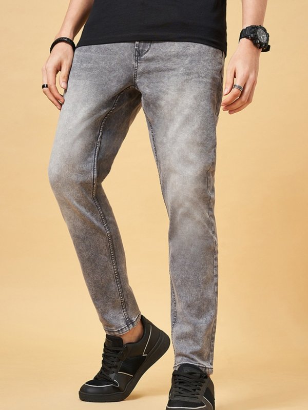 Grey Acid Washed Crop Length Straight Fit Jeans
